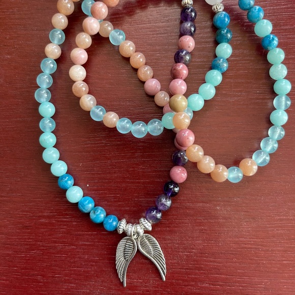 Earth Art hand crafted artisan Jewelry - HEALING RECOVERY Angel wings gemstone mala